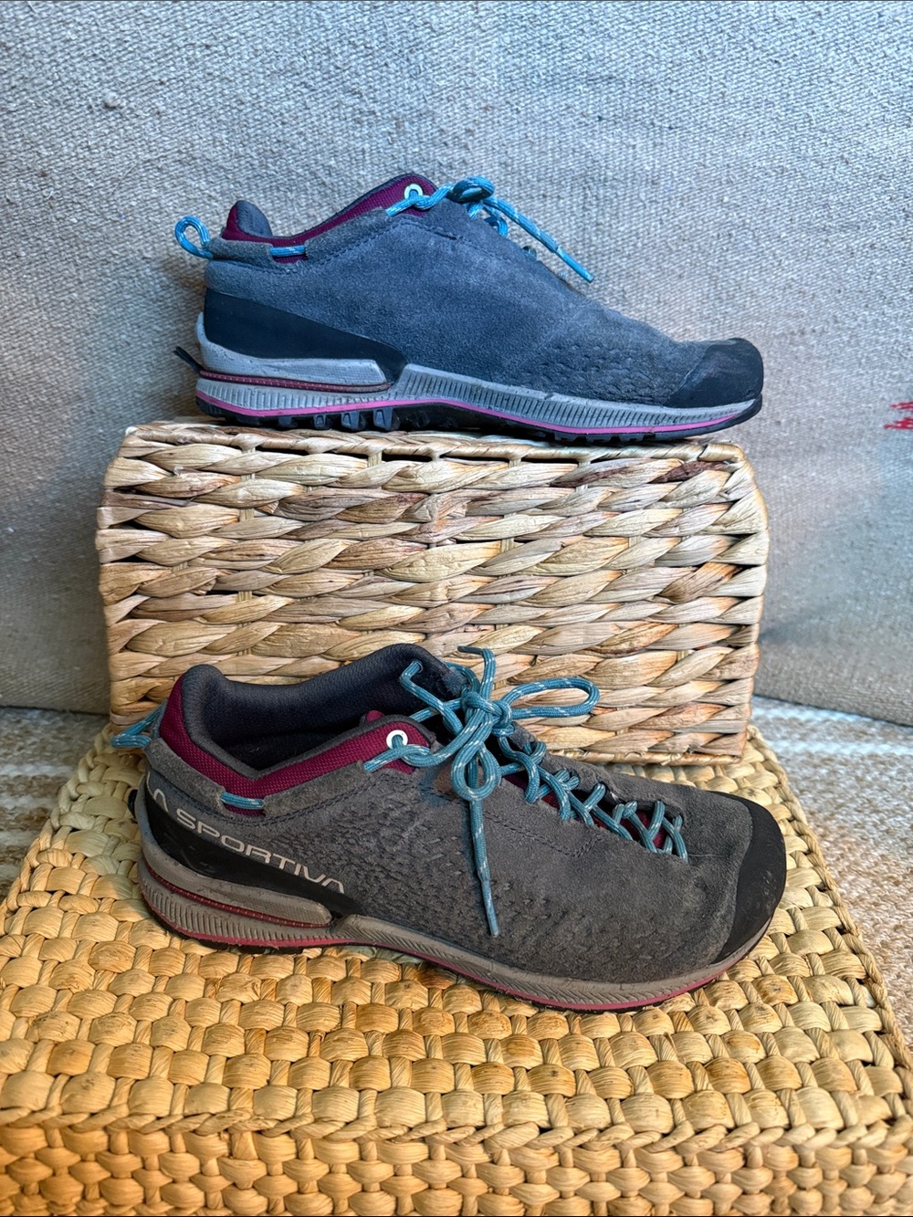 La Sportiva Women's Gray Suede Trail Shoes with Teal Laces and Maroon Trim
